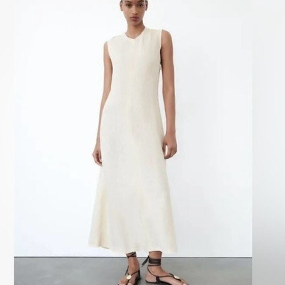 NWT ZARA 100% Linen Minimalist Sleeveless Shift Natural Vanilla  Midi Dress